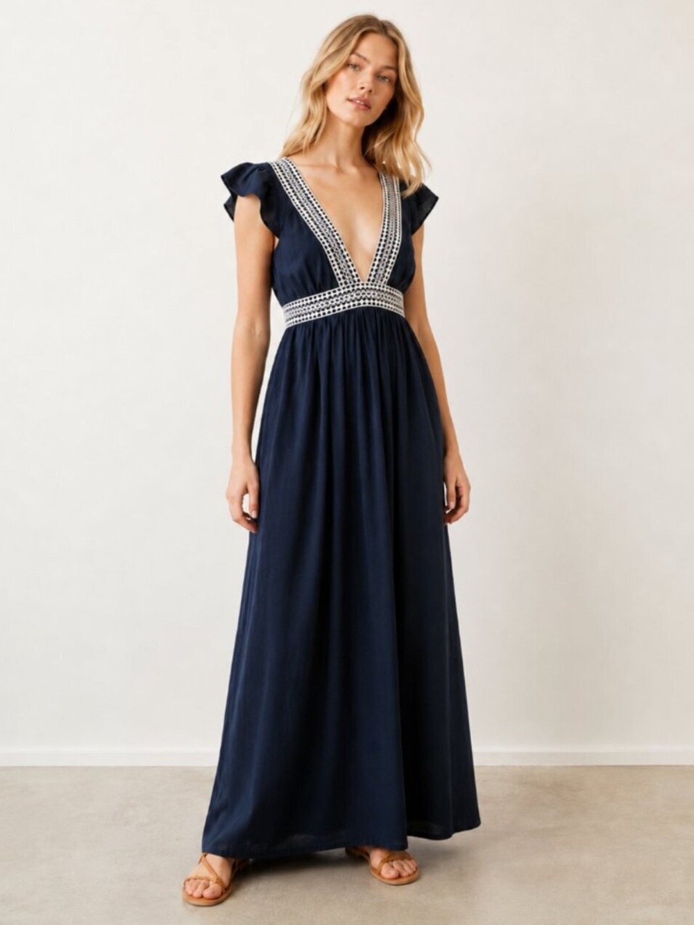 J. Crew Ruffle Navy Maxi Dress with Embroidered Trim